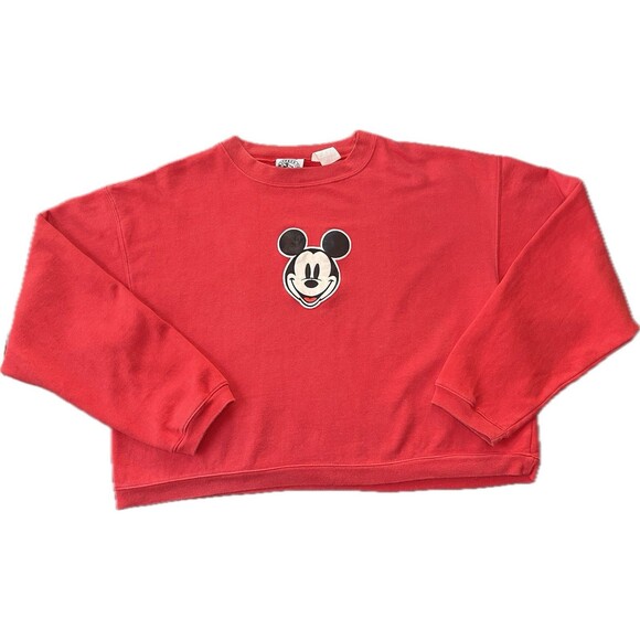 Disney Mickey & Friends Cropped Crew Neck Red Sweatshirt Mickey Face Appliqué L - Picture 1 of 5